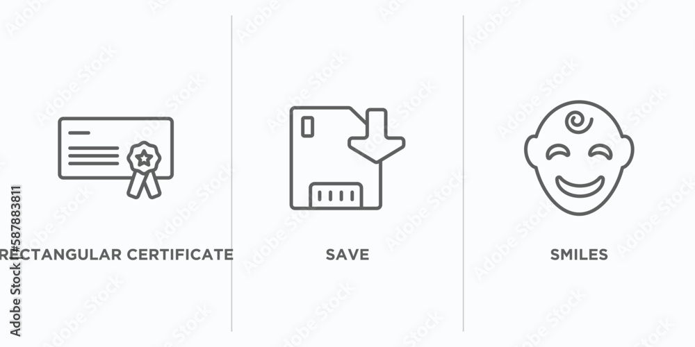 Poster user interface outline icons set. thin line icons such as rectangular certificate, save, smiles vect