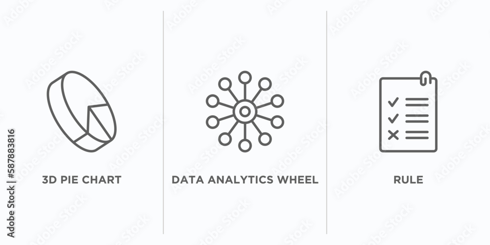 Poster user interface outline icons set. thin line icons such as 3d pie chart, data analytics wheel, rule v