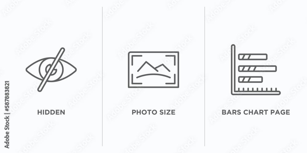 Poster user interface outline icons set. thin line icons such as hidden, photo size, bars chart page vector