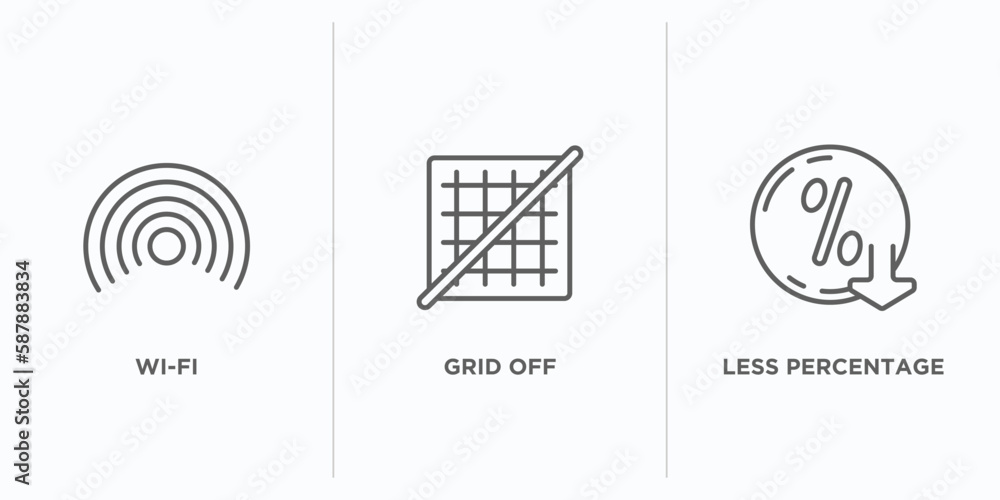Poster user interface outline icons set. thin line icons such as wi-fi, grid off, less percentage vector. l