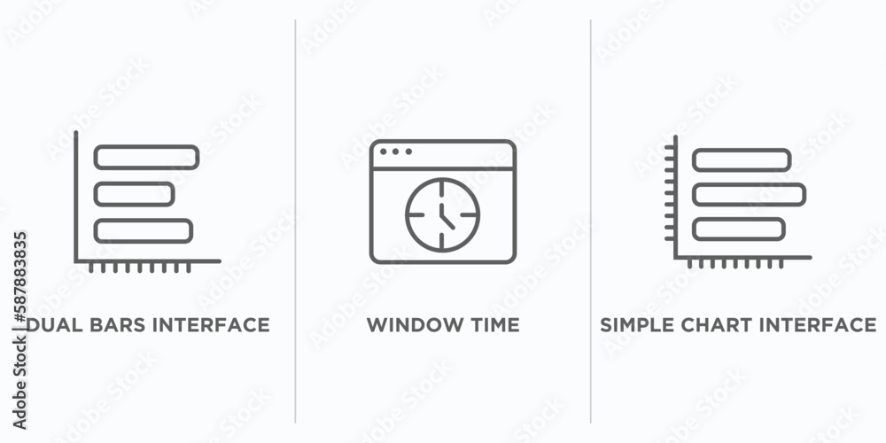 Poster user interface outline icons set. thin line icons such as dual bars interface, window time, simple c