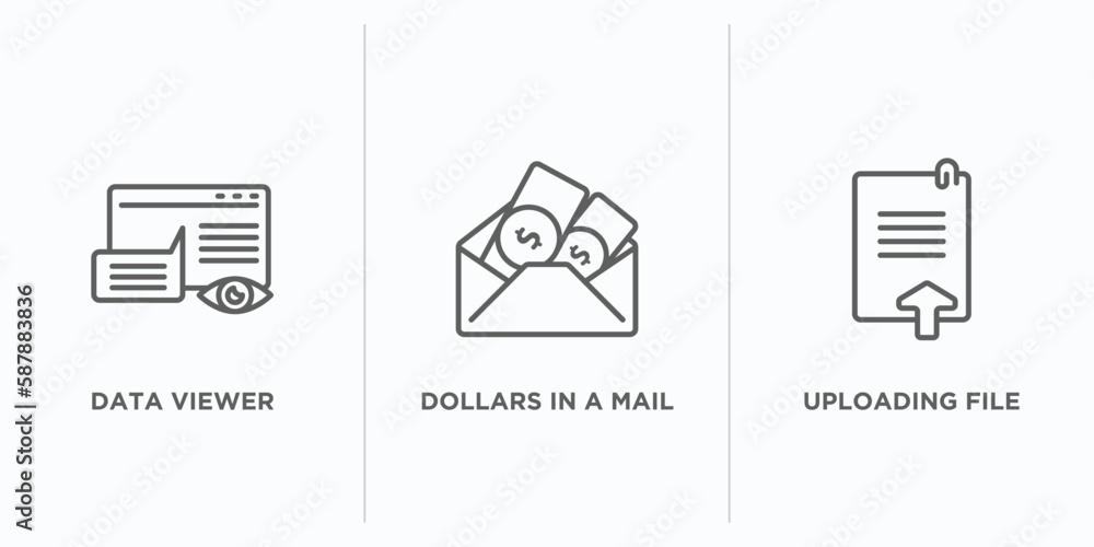 Poster user interface outline icons set. thin line icons such as data viewer, dollars in a mail, uploading 