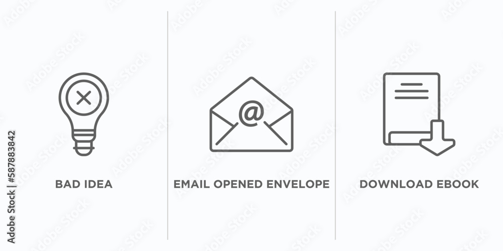 Poster user interface outline icons set. thin line icons such as bad idea, email opened envelope, download 