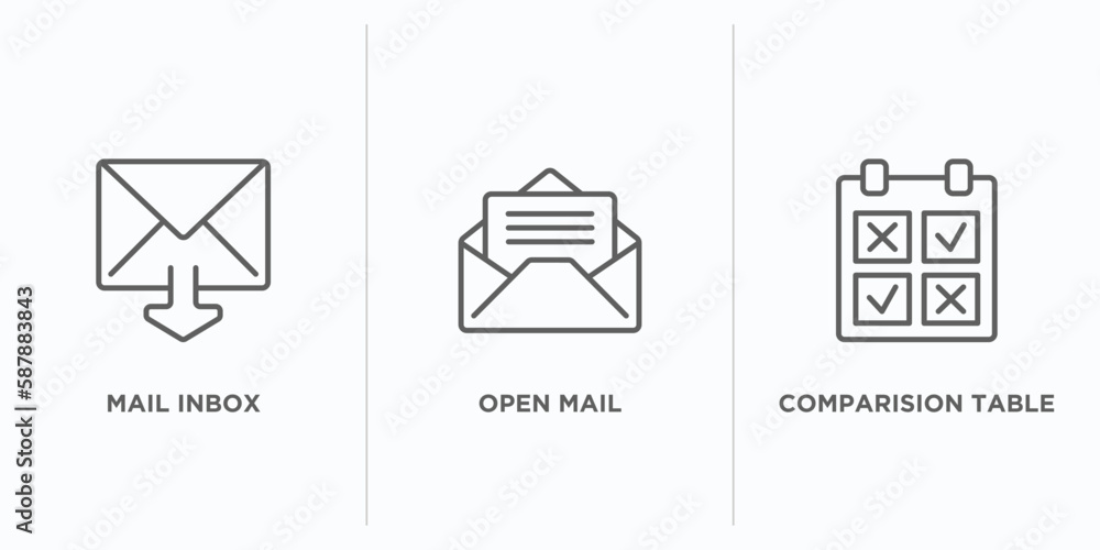 Poster user interface outline icons set. thin line icons such as mail inbox, open mail, comparision table v