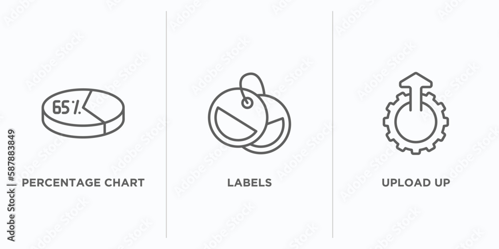 Poster user interface outline icons set. thin line icons such as percentage chart, labels, upload up vector