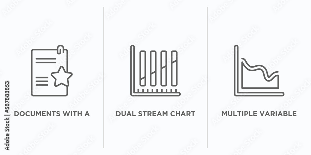 Poster user interface outline icons set. thin line icons such as documents with a star, dual stream chart, 