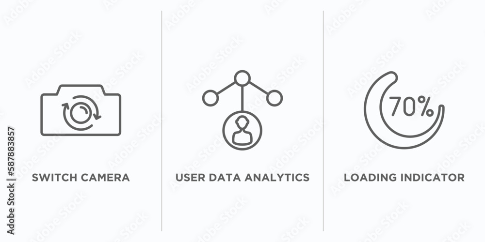 Poster user interface outline icons set. thin line icons such as switch camera, user data analytics, loadin