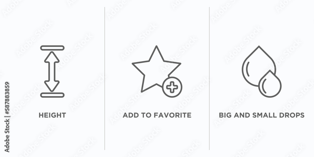 Poster user interface outline icons set. thin line icons such as height, add to favorite, big and small dro