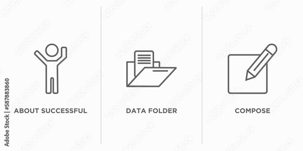 Poster user interface outline icons set. thin line icons such as about successful man, data folder, compose