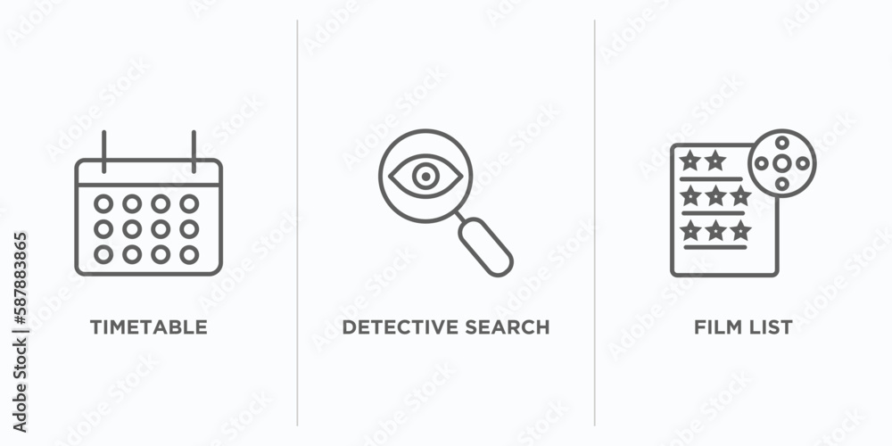 Poster user interface outline icons set. thin line icons such as timetable, detective search, film list vec