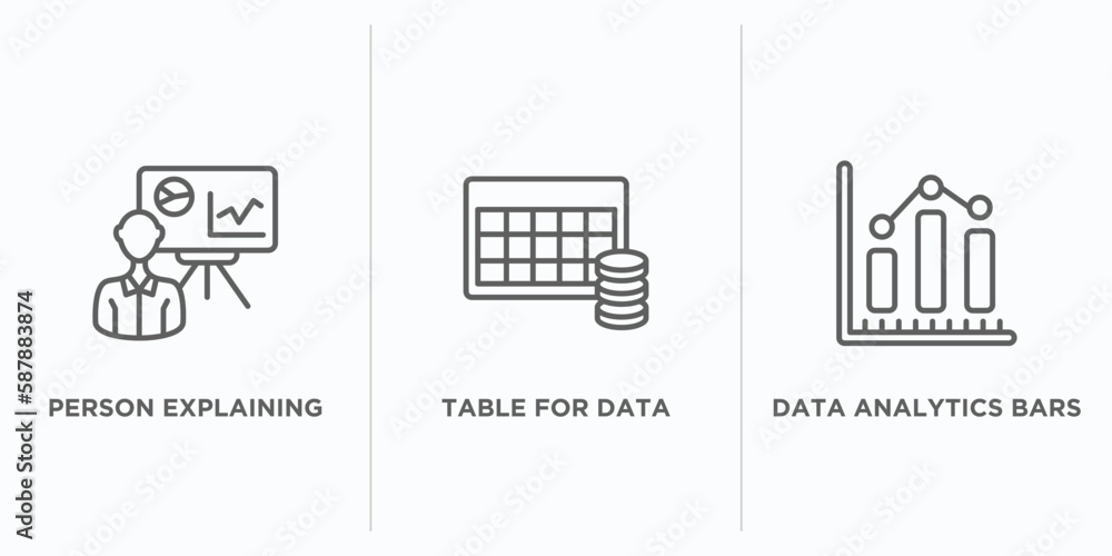 Poster user interface outline icons set. thin line icons such as person explaining data, table for data, da