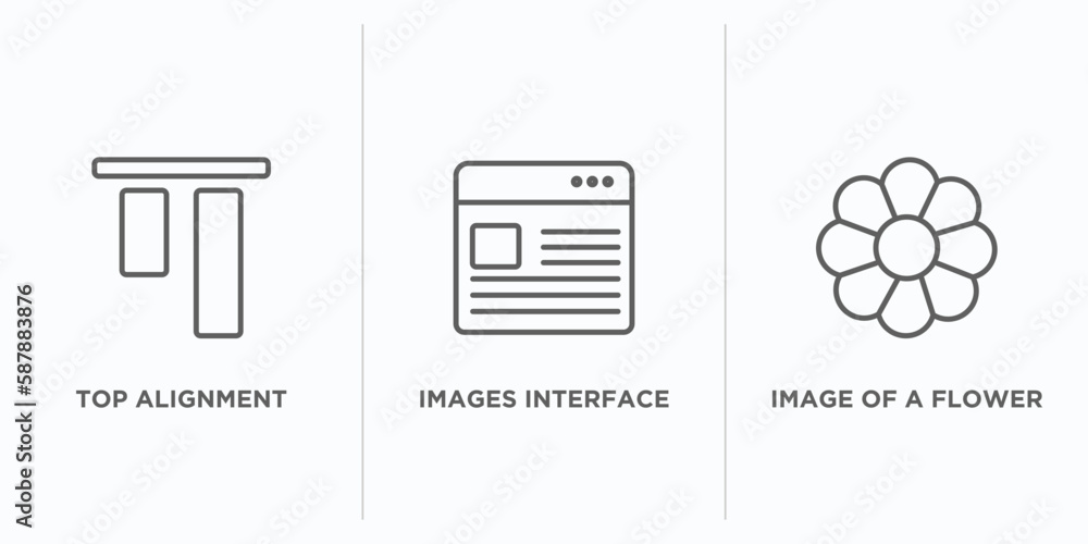 Poster user interface outline icons set. thin line icons such as top alignment, images interface, image of 