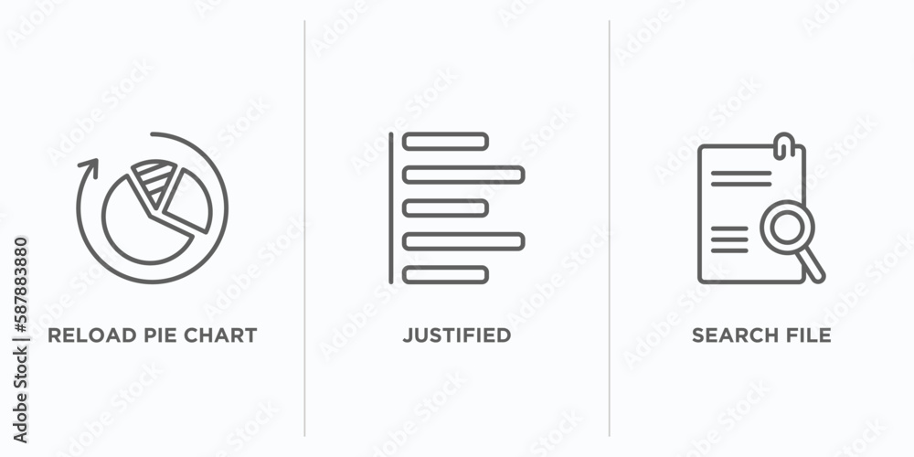 Poster user interface outline icons set. thin line icons such as reload pie chart, justified, search file v