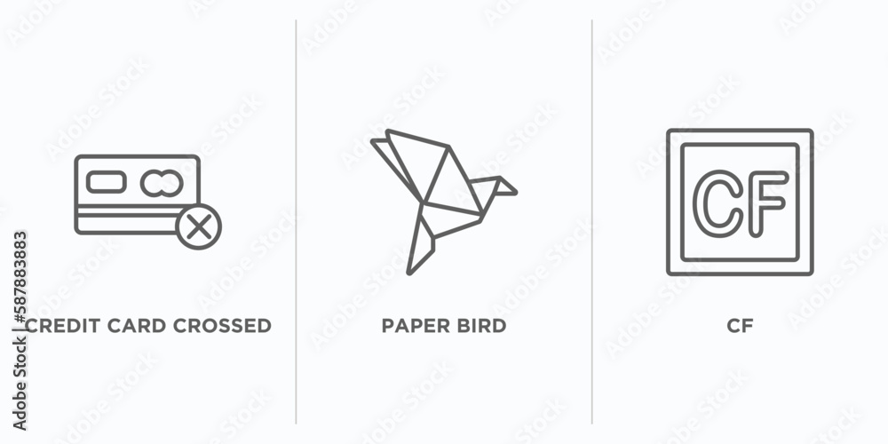 Poster user interface outline icons set. thin line icons such as credit card crossed, paper bird, cf vector