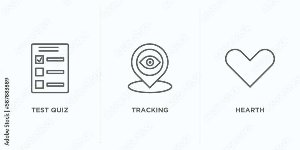 Poster user interface outline icons set. thin line icons such as test quiz, tracking, hearth vector. linear
