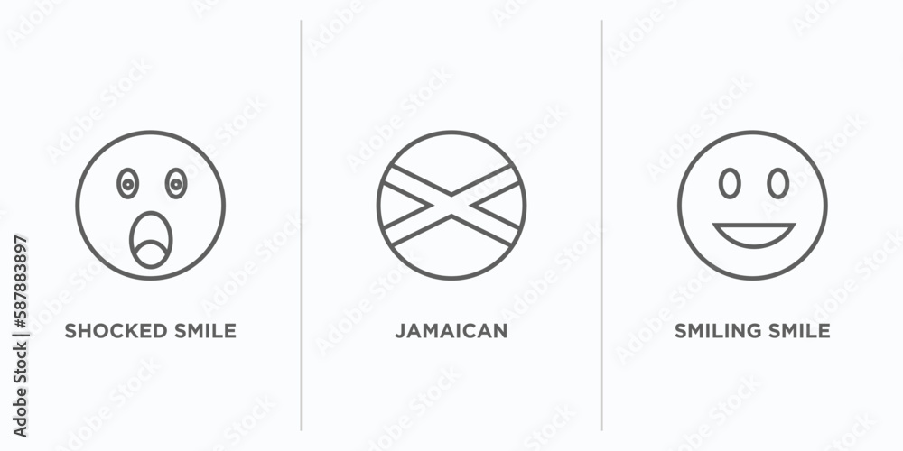 Poster user interface outline icons set. thin line icons such as shocked smile, jamaican, smiling smile vec