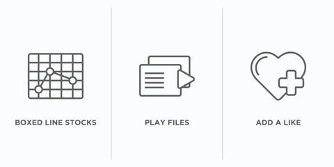 user interface outline icons set. thin line icons such as boxed line stocks, play files, add a like vector. linear icon sheet can be used web and mobile