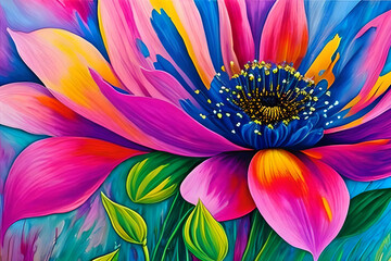 Obraz premium Water color or oil painting fine art illustration of abstract close up colorful nature and blooming floral. Flowers print digital art. Generative AI.