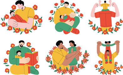Obraz na płótnie Canvas Set of illustrations with happy family, mother, father and son. Flat vector illustration.