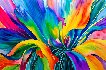 Water color or oil painting fine art illustration of abstract close up colorful nature and blooming floral. Flowers print digital art. Generative AI.