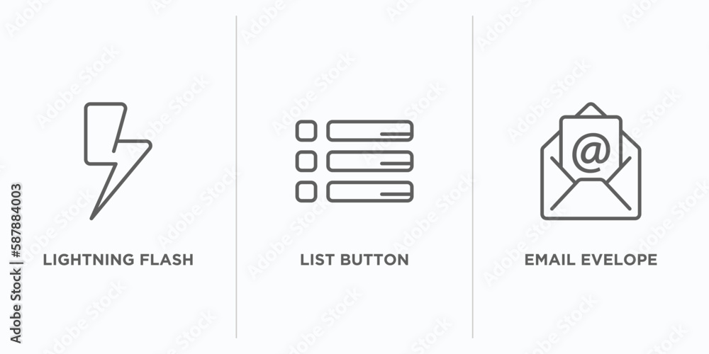 Poster user interface outline icons set. thin line icons such as lightning flash, list button, email evelop