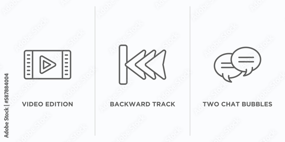 Poster user interface outline icons set. thin line icons such as video edition, backward track, two chat bu