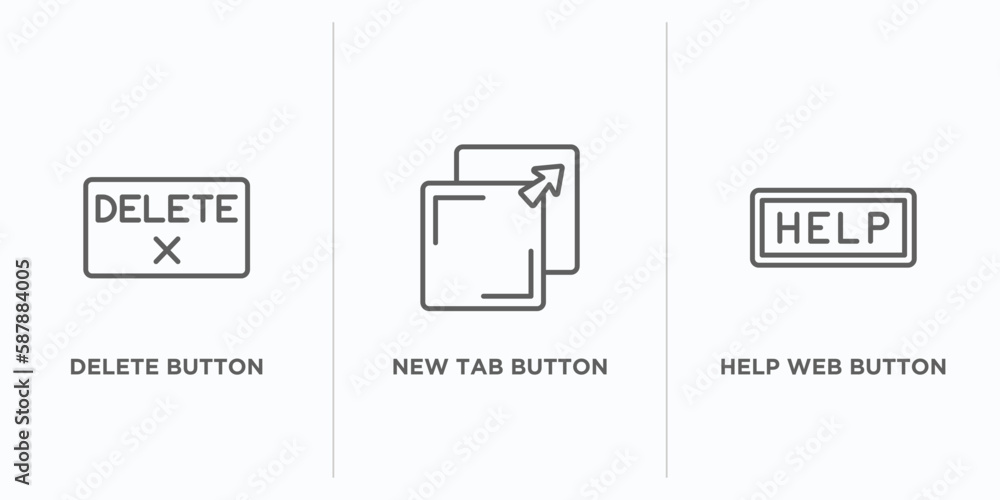 Poster user interface outline icons set. thin line icons such as delete button, new tab button, help web bu