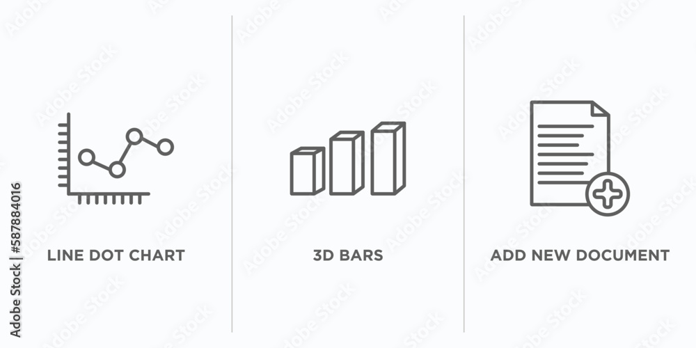 Poster user interface outline icons set. thin line icons such as line dot chart, 3d bars, add new document 