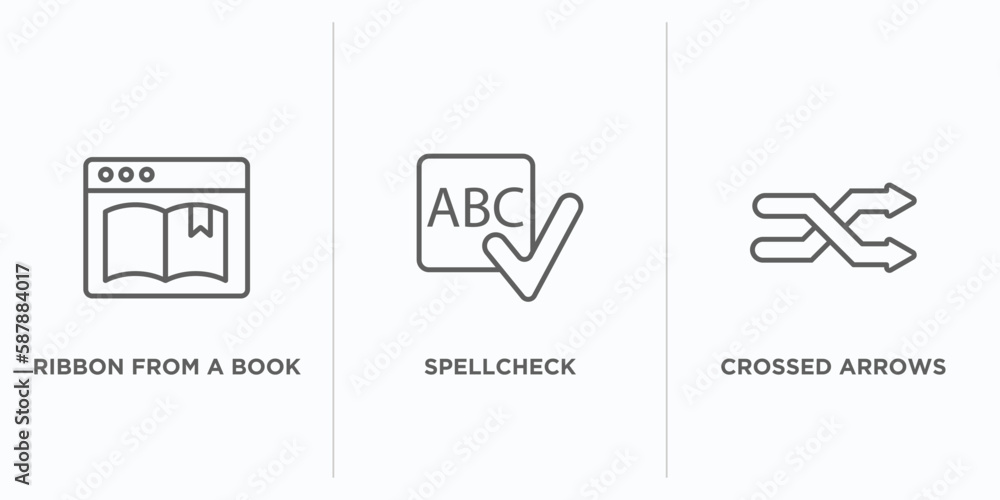 Poster user interface outline icons set. thin line icons such as ribbon from a book, spellcheck, crossed ar