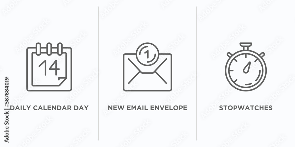 Poster user interface outline icons set. thin line icons such as daily calendar day 14, new email envelope,