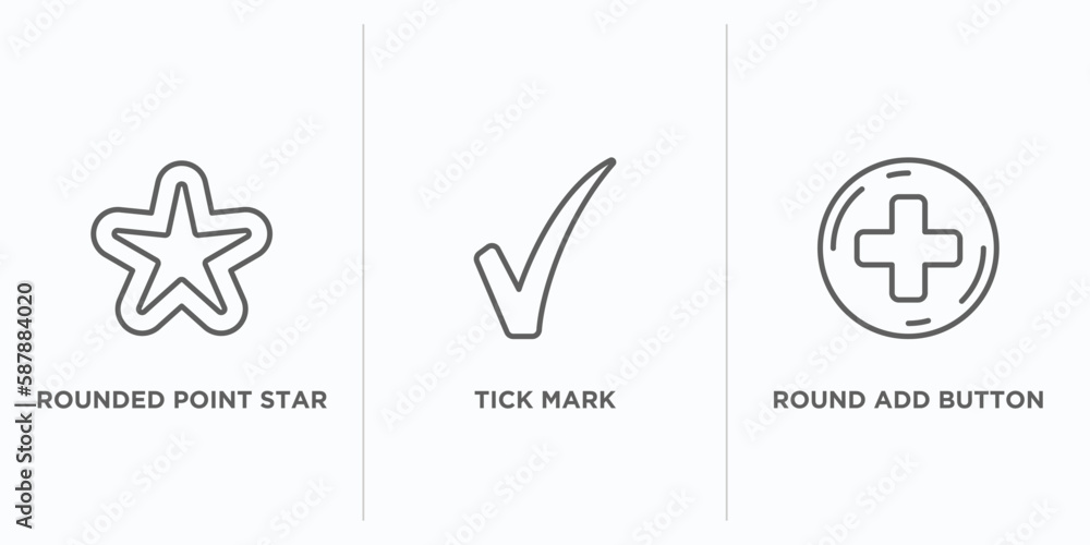 Poster user interface outline icons set. thin line icons such as rounded point star, tick mark, round add b
