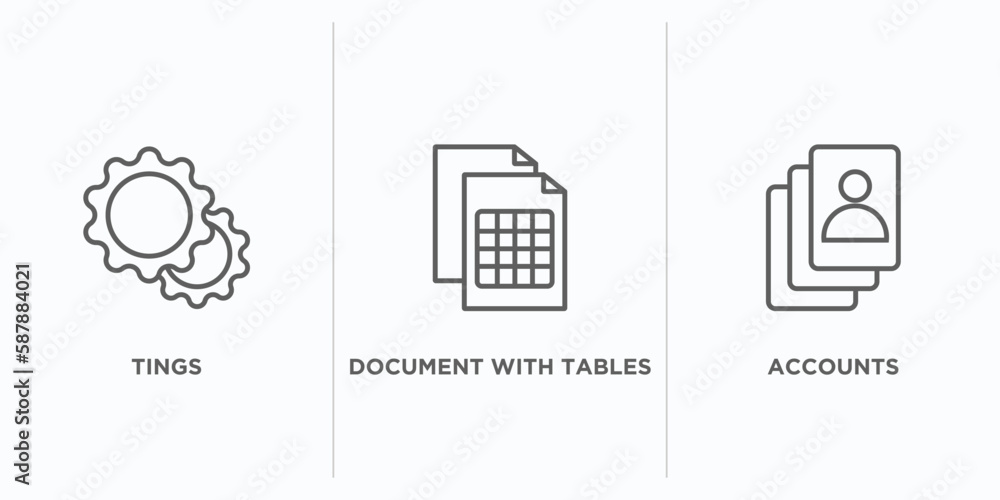 Poster user interface outline icons set. thin line icons such as tings, document with tables, accounts vect