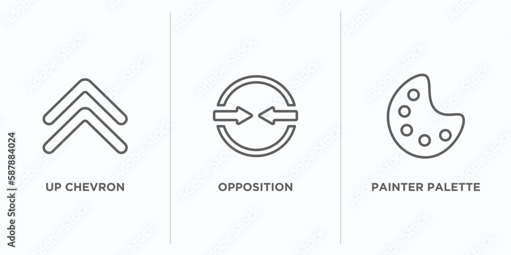 Poster user interface outline icons set. thin line icons such as up chevron, opposition, painter palette ve