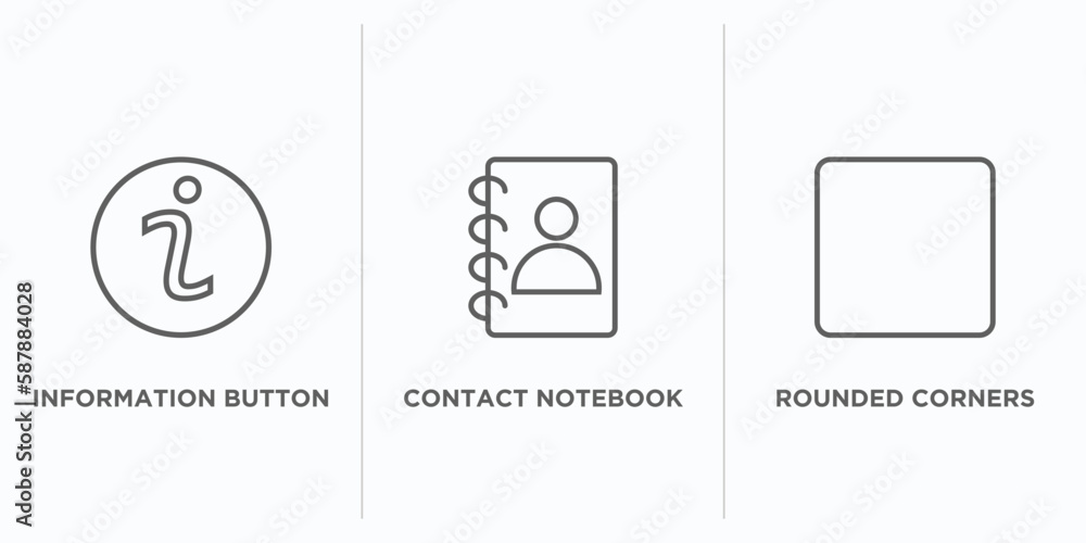 Poster user interface outline icons set. thin line icons such as information button, contact notebook, roun