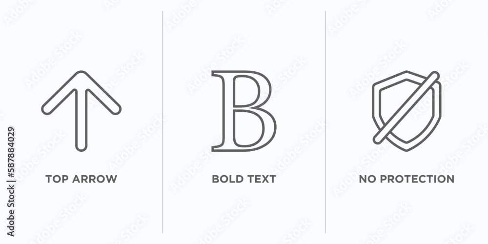 Poster user interface outline icons set. thin line icons such as top arrow, bold text, no protection vector
