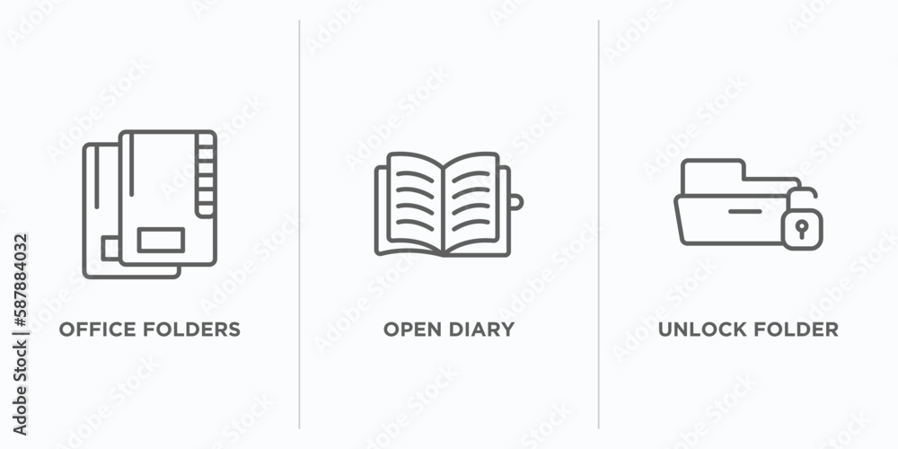 Poster user interface outline icons set. thin line icons such as office folders, open diary, unlock folder 