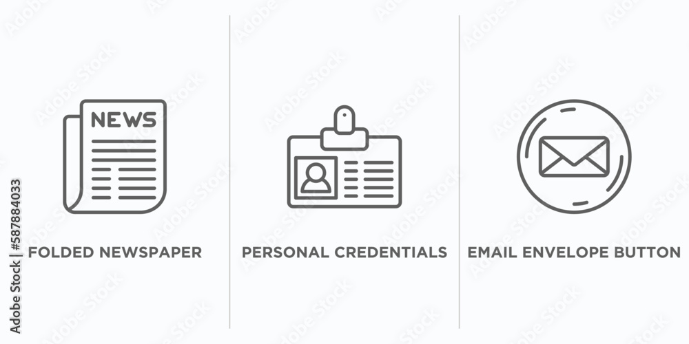 Poster user interface outline icons set. thin line icons such as folded newspaper, personal credentials, em