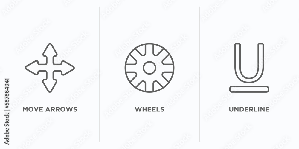 Poster user interface outline icons set. thin line icons such as move arrows, wheels, underline vector. lin