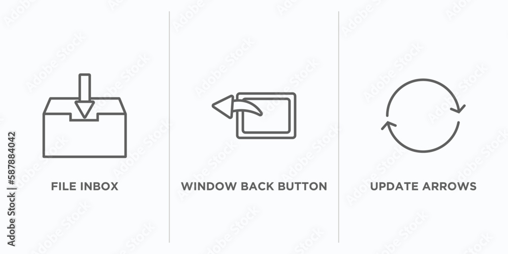 Poster user interface outline icons set. thin line icons such as file inbox, window back button, update arr