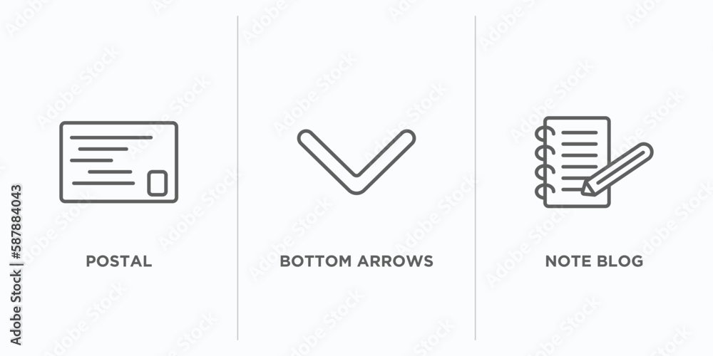 Poster user interface outline icons set. thin line icons such as postal, bottom arrows, note blog vector. l