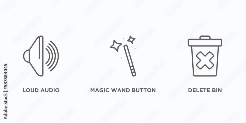Poster user interface outline icons set. thin line icons such as loud audio, magic wand button, delete bin 