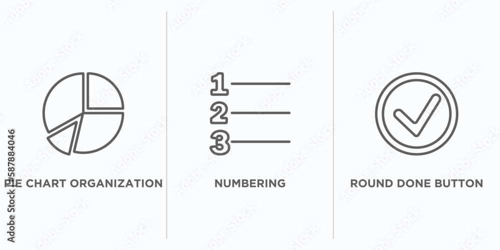 Poster user interface outline icons set. thin line icons such as pie chart organization, numbering, round d