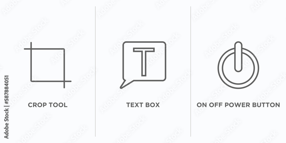 Poster user interface outline icons set. thin line icons such as crop tool, text box, on off power button v