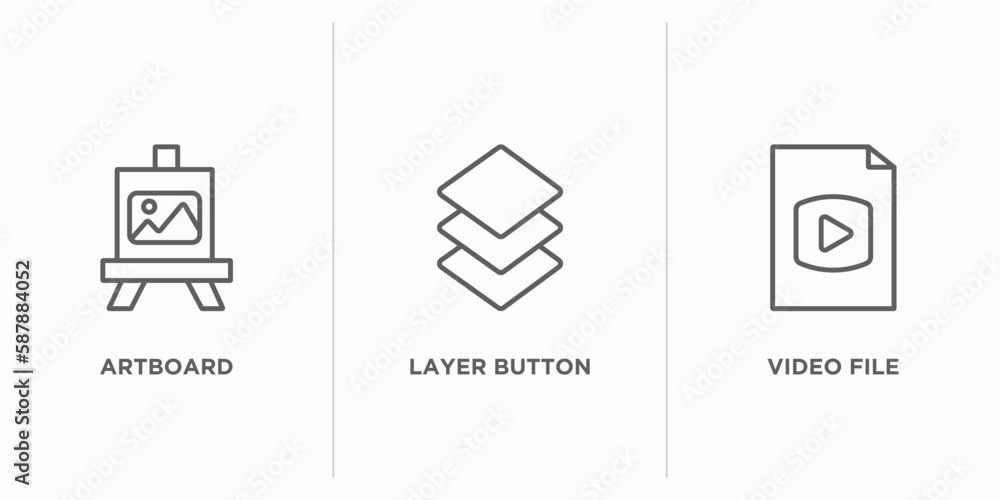 Poster user interface outline icons set. thin line icons such as artboard, layer button, video file vector.
