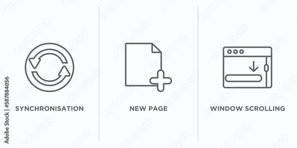 Poster user interface outline icons set. thin line icons such as synchronisation, new page, window scrollin