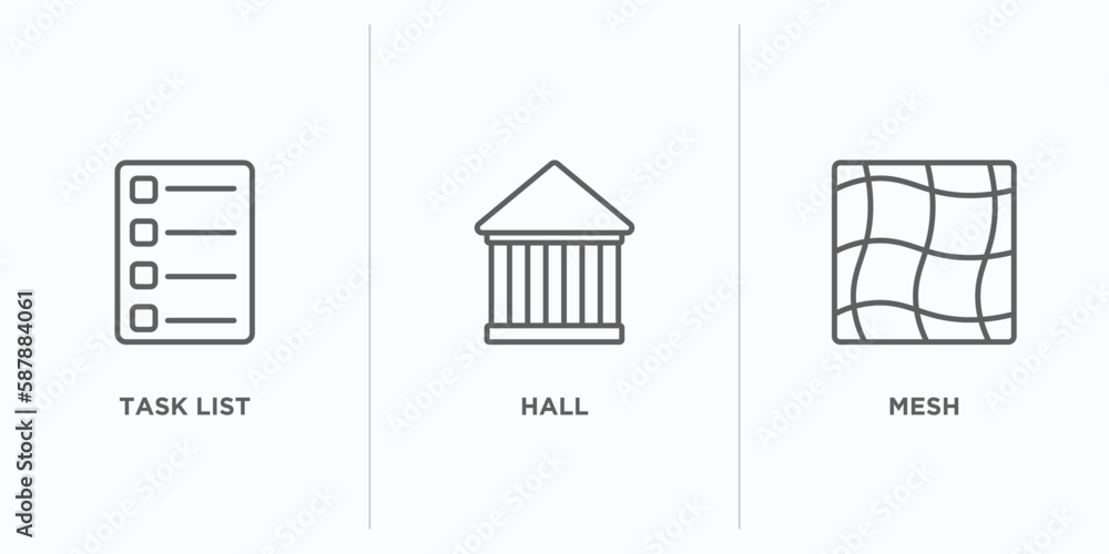 Poster user interface outline icons set. thin line icons such as task list, hall, mesh vector. linear icon 