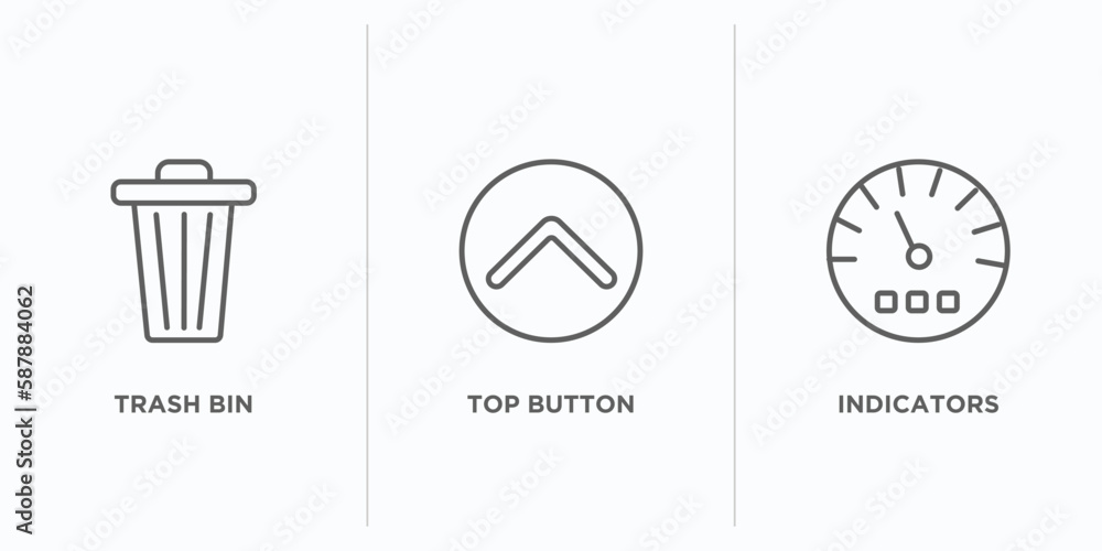 Poster user interface outline icons set. thin line icons such as trash bin, top button, indicators vector. 
