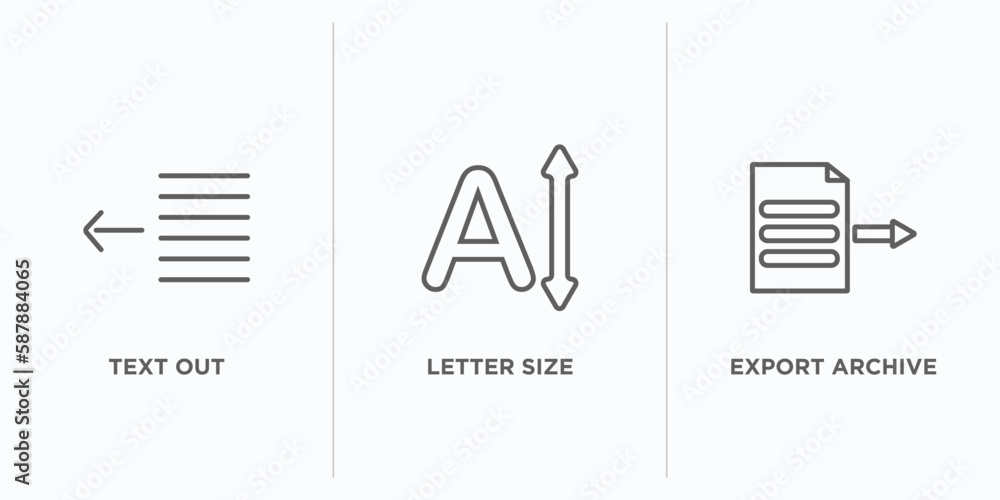 Poster user interface outline icons set. thin line icons such as text out, letter size, export archive vect