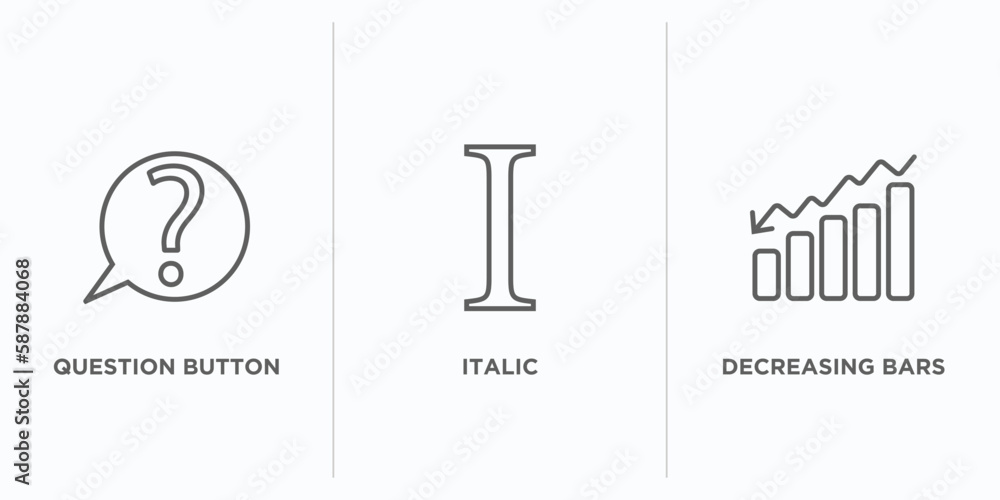 Poster user interface outline icons set. thin line icons such as question button, italic, decreasing bars c