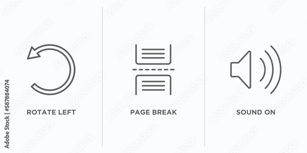 Poster user interface outline icons set. thin line icons such as rotate left, page break, sound on vector. 